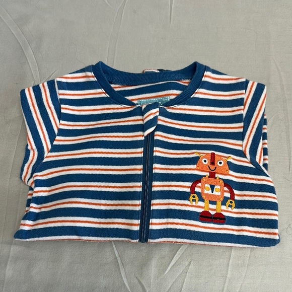 Tuffy - Blue, Orange, and white Striped onesie sleeper with embroidered robot - Picture 1 of 3
